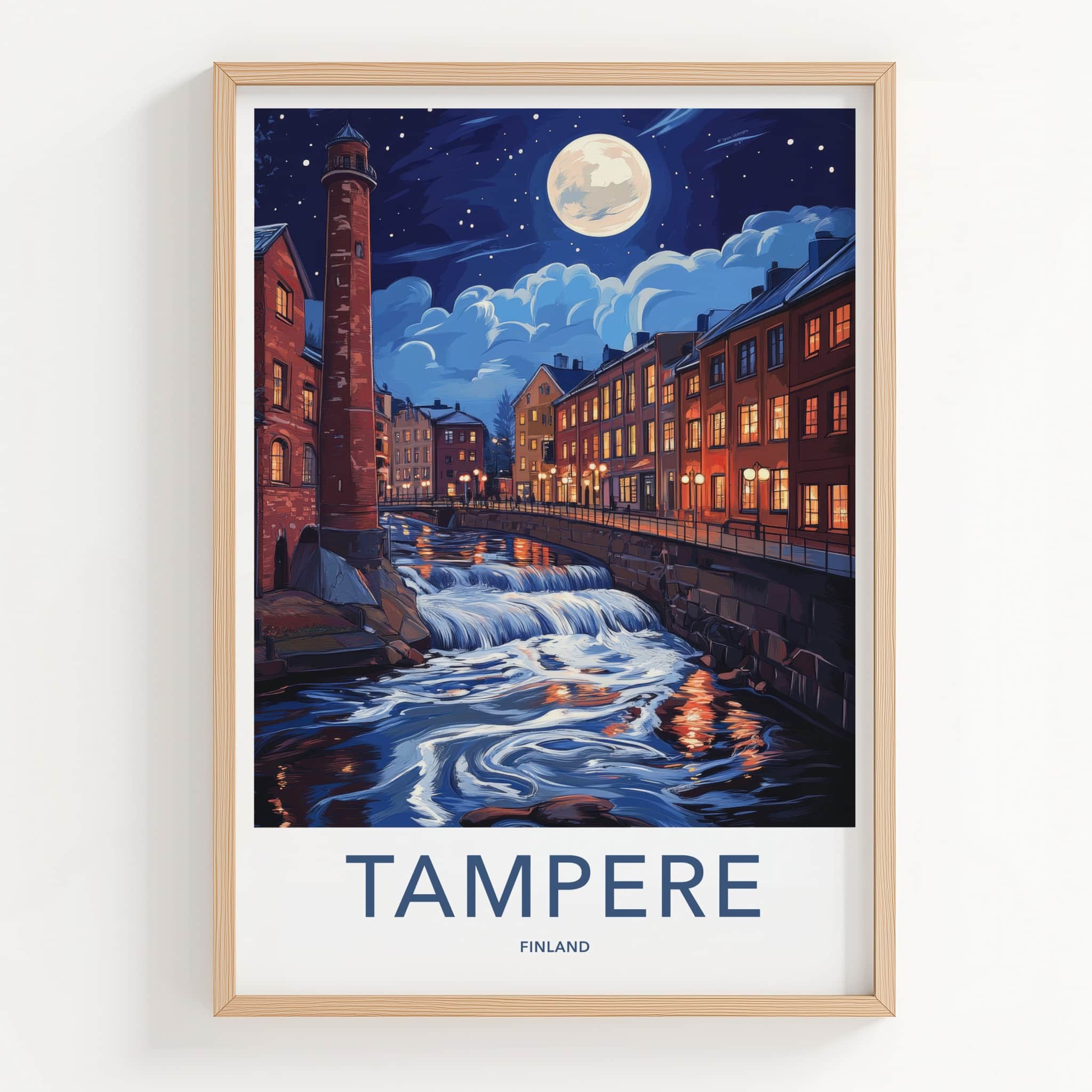 Tampere Poster - Finland Travel Art - Cascading River Illuminated Home Decor