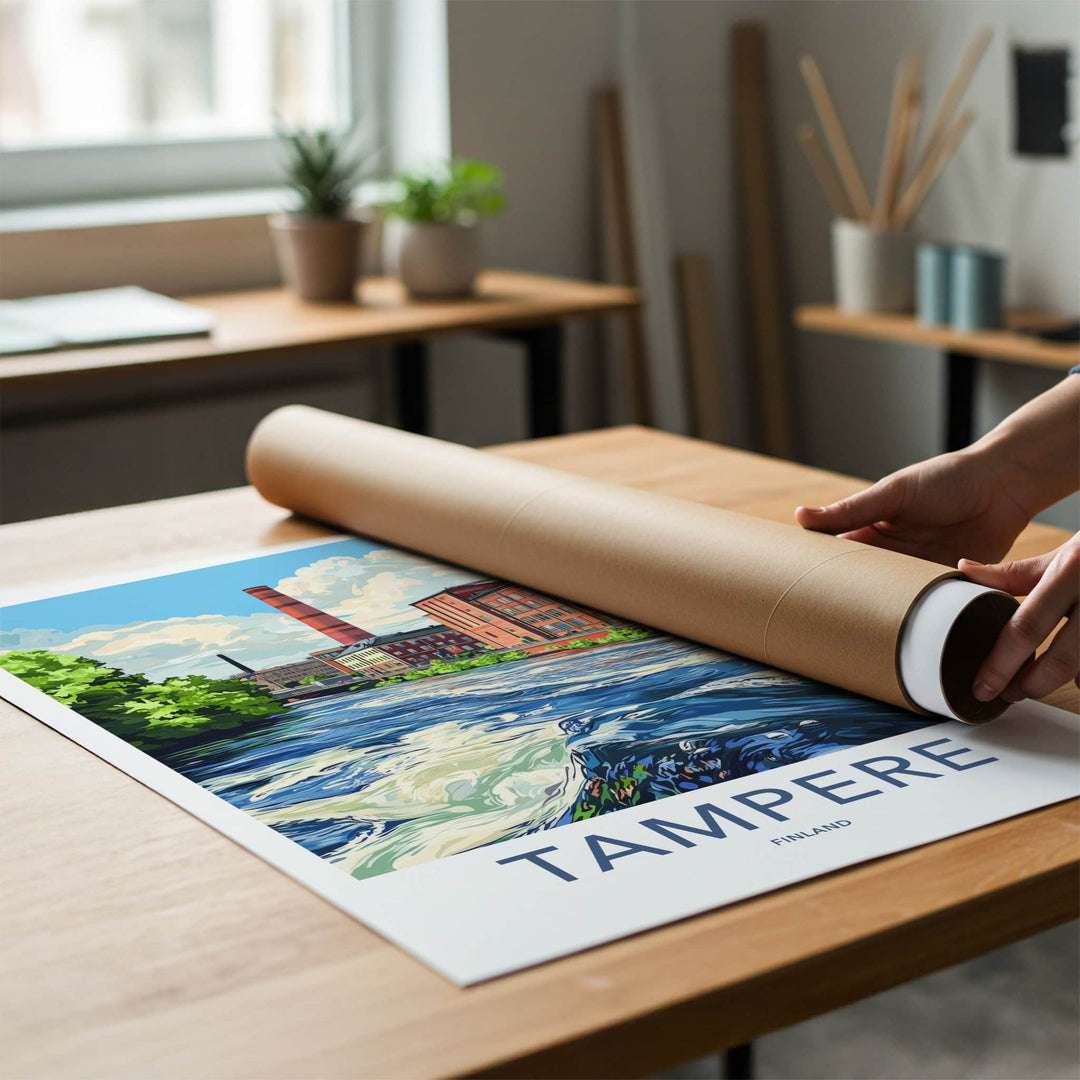 Tampere Poster - Finland Travel Art - Historic Riverfront Cityscape Home Decor