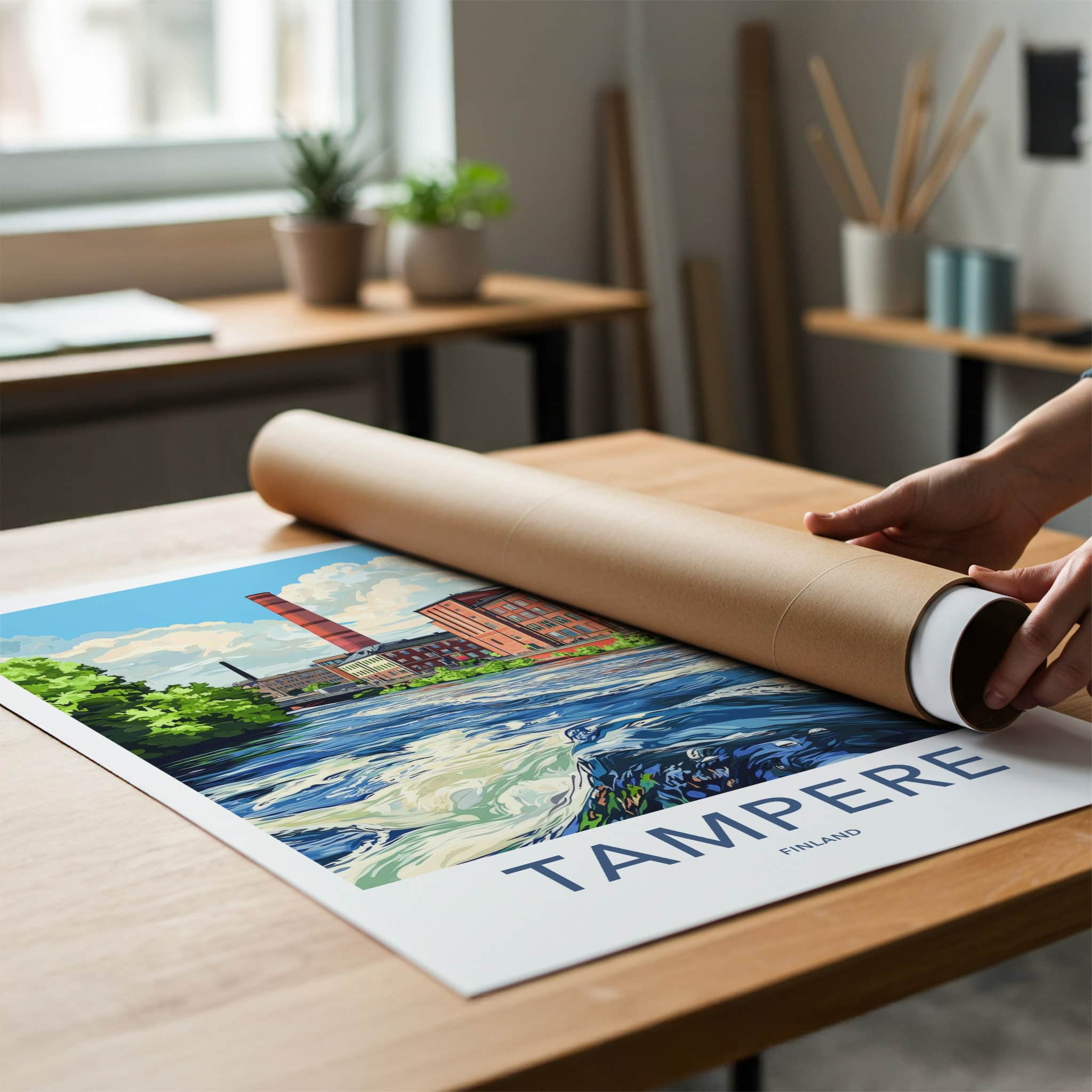 Tampere Poster - Finland Travel Art - Historic Riverfront Cityscape Home Decor
