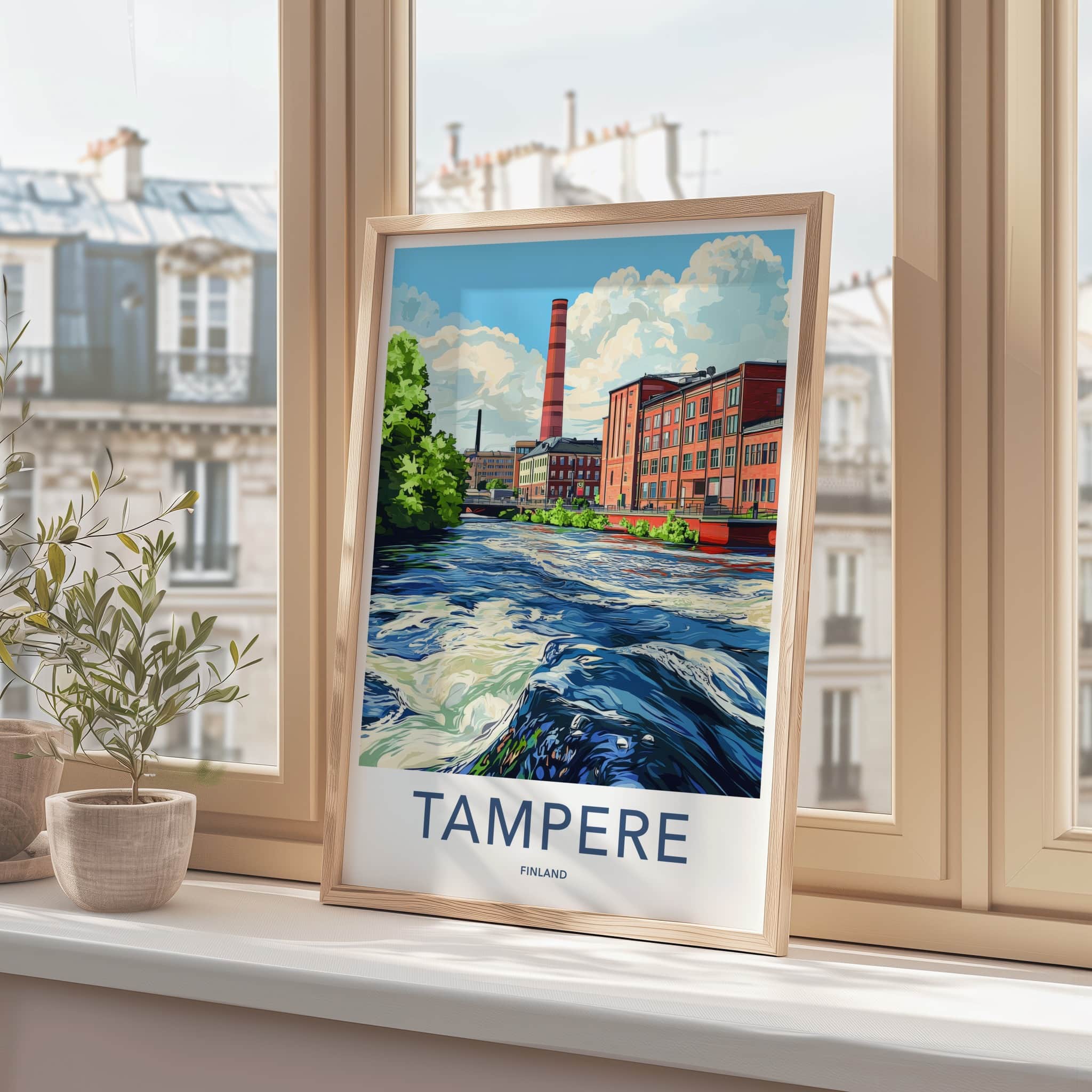 Tampere Poster - Finland Travel Art - Historic Riverfront Cityscape Home Decor