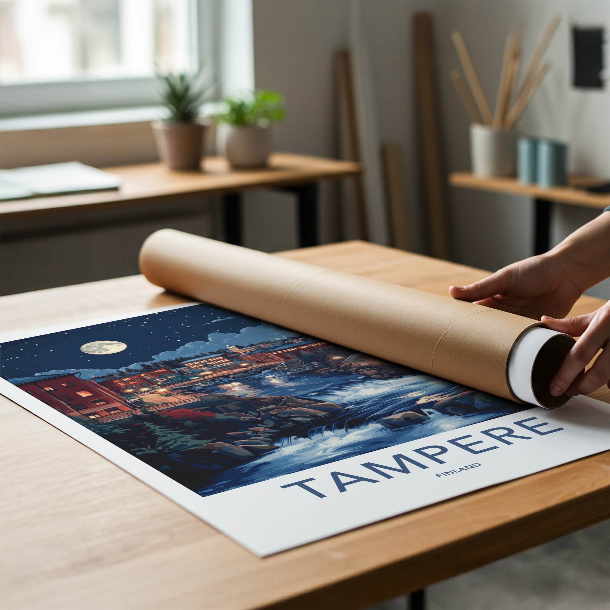 Tampere Poster - Finland Travel Art - Moonlit City River Home Decor