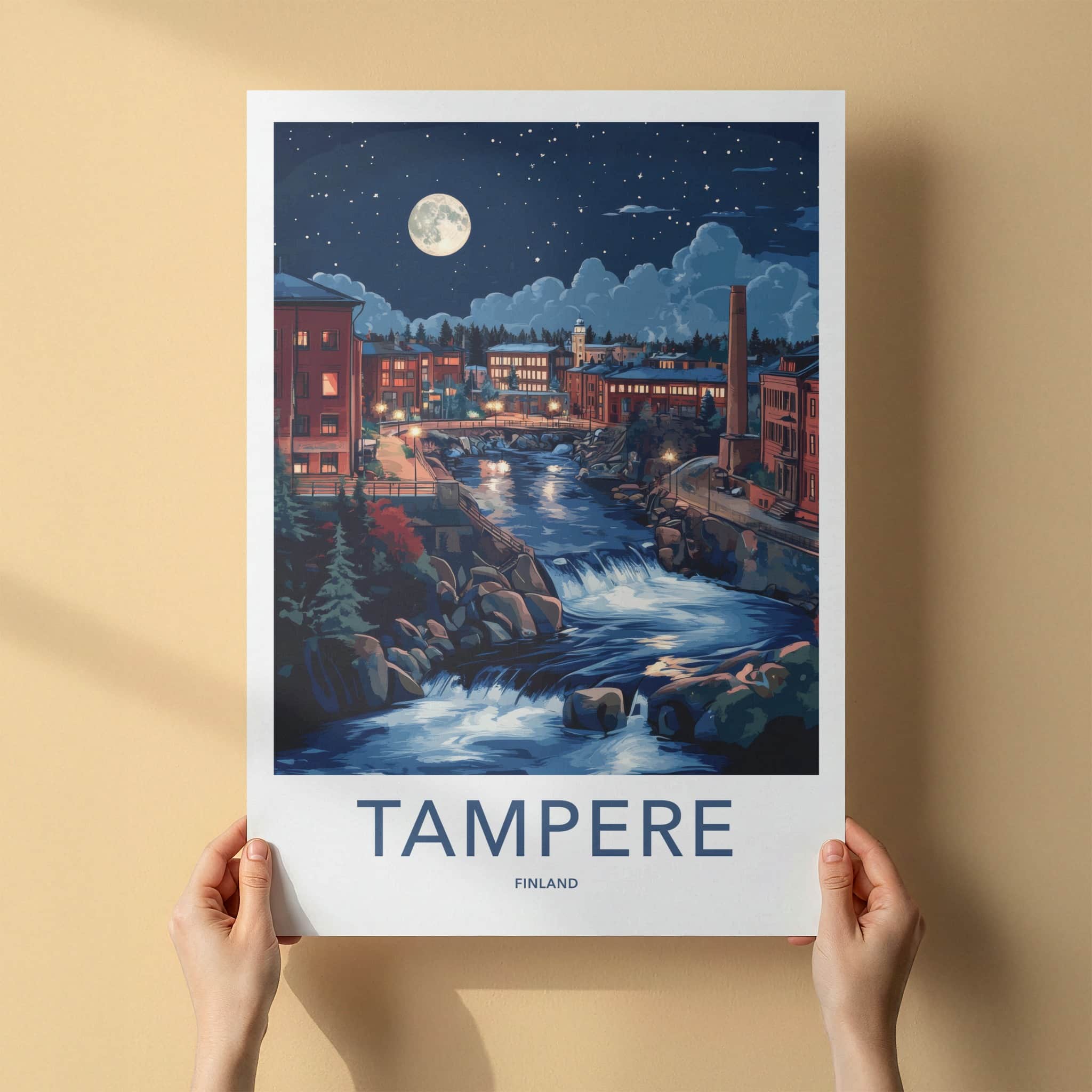 Tampere Poster - Finland Travel Art - Moonlit City River Home Decor