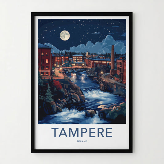 Tampere Poster - Finland Travel Art - Moonlit City River Home Decor