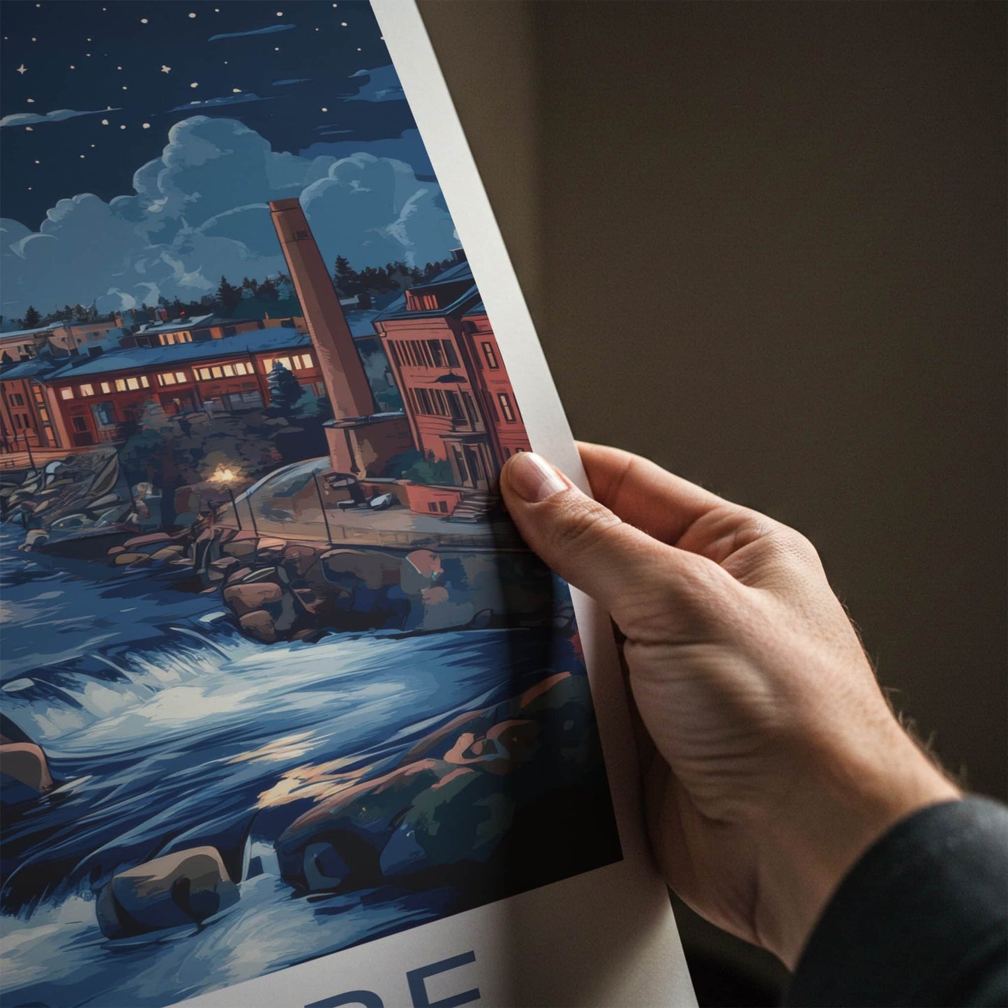 Tampere Poster - Finland Travel Art - Moonlit City River Home Decor