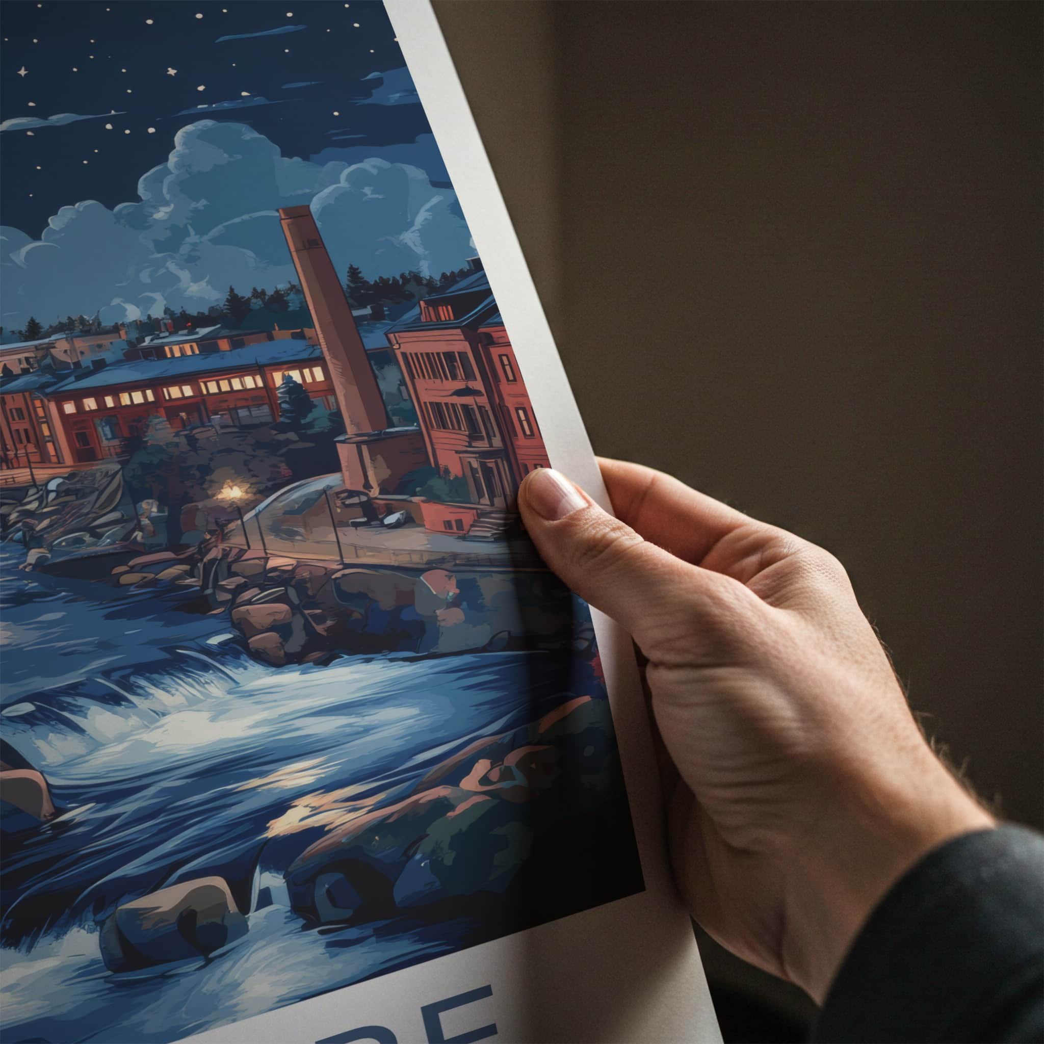 Tampere Poster - Finland Travel Art - Moonlit City River Home Decor
