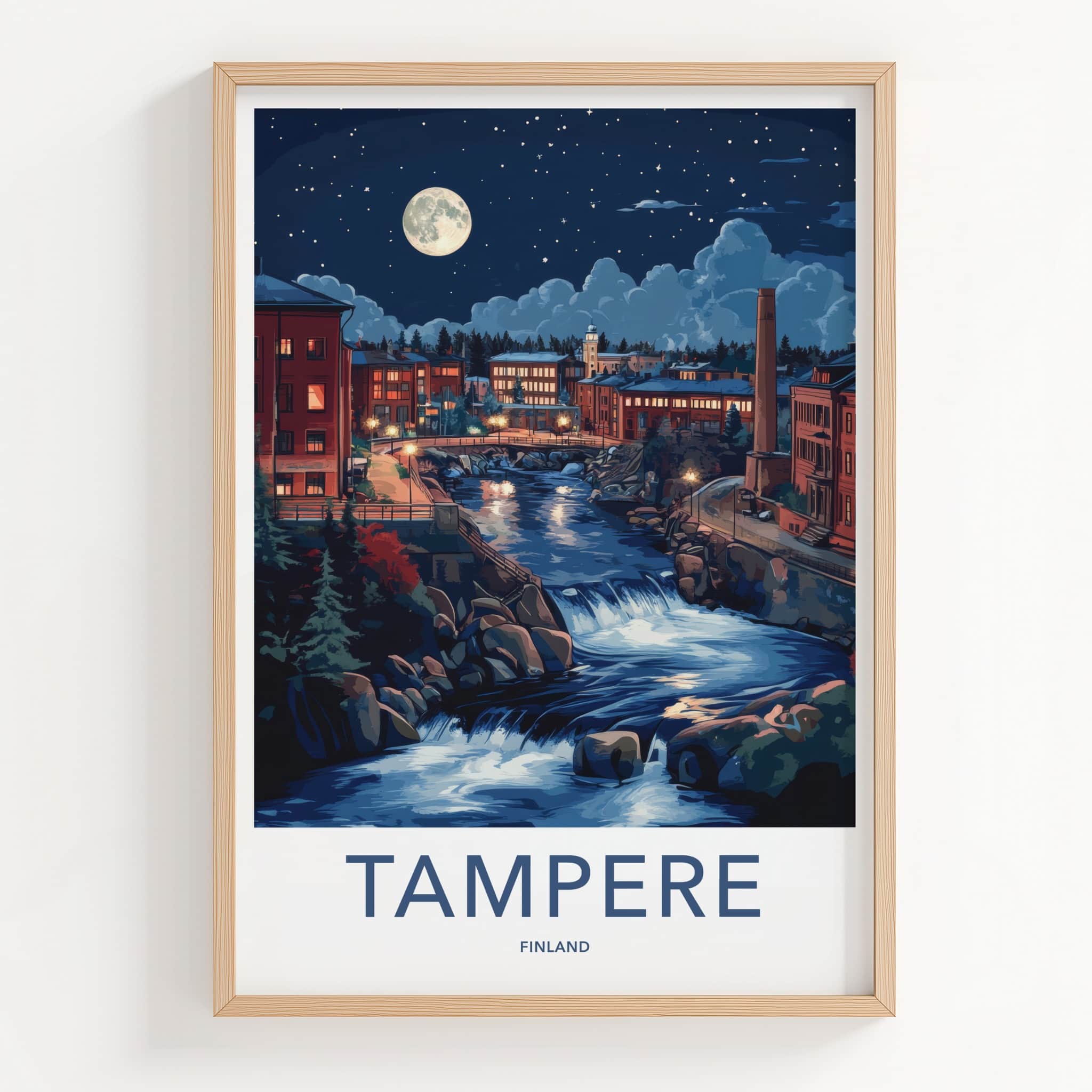 Tampere Poster - Finland Travel Art - Moonlit City River Home Decor