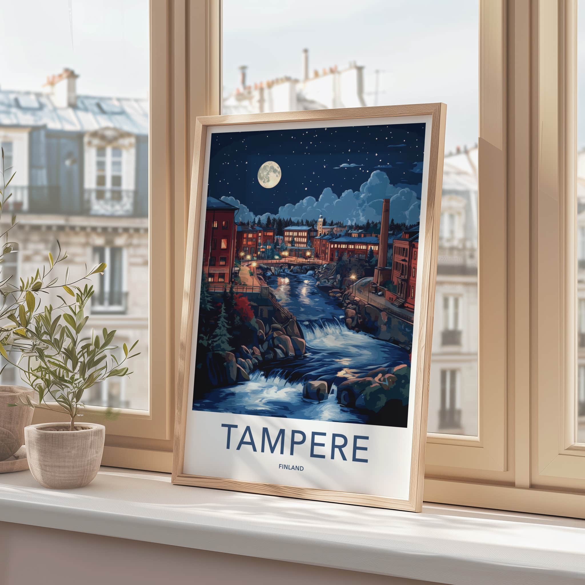 Tampere Poster - Finland Travel Art - Moonlit City River Home Decor