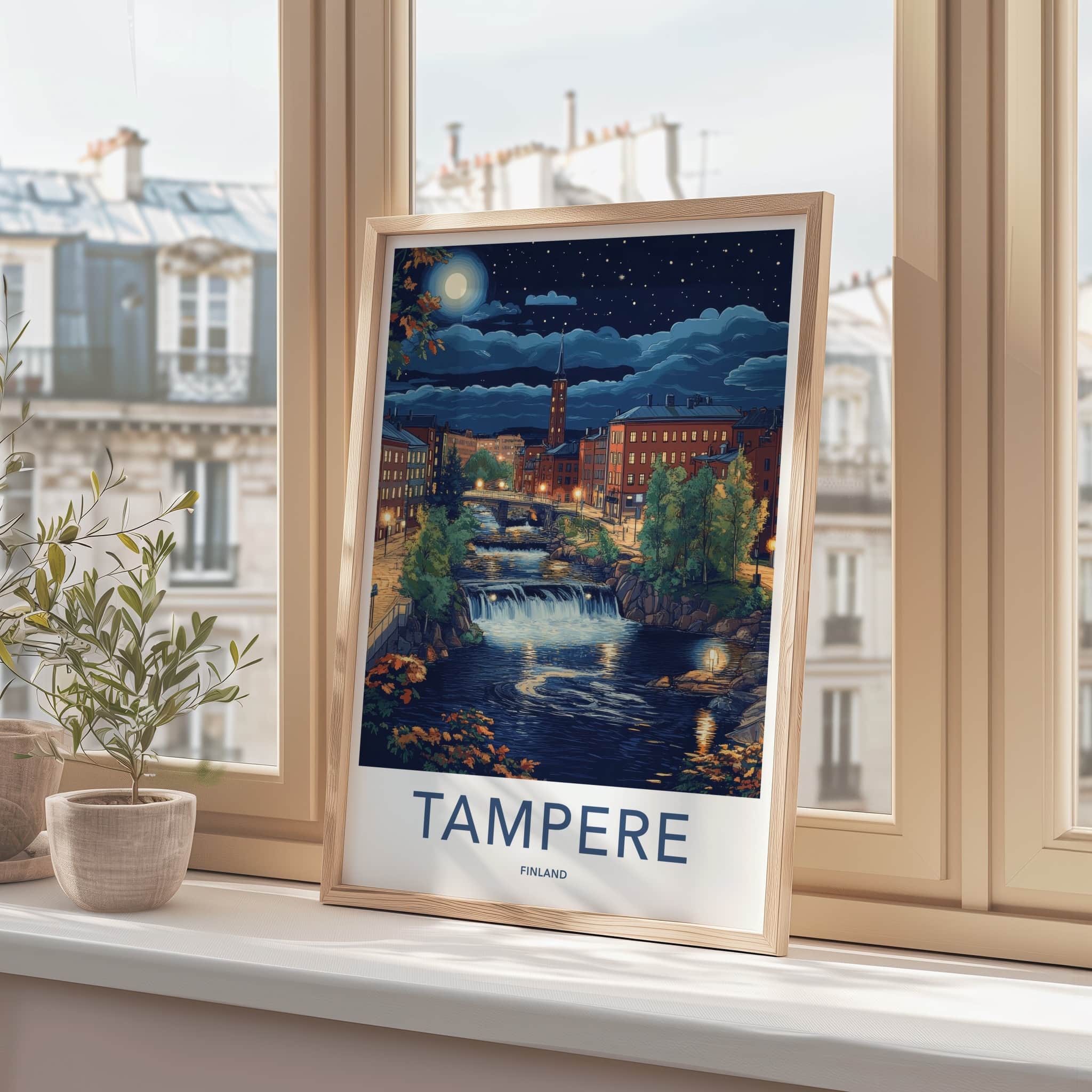 Tampere Poster - Finland Travel Art - Moonlit Cityscape Falls Home Decor