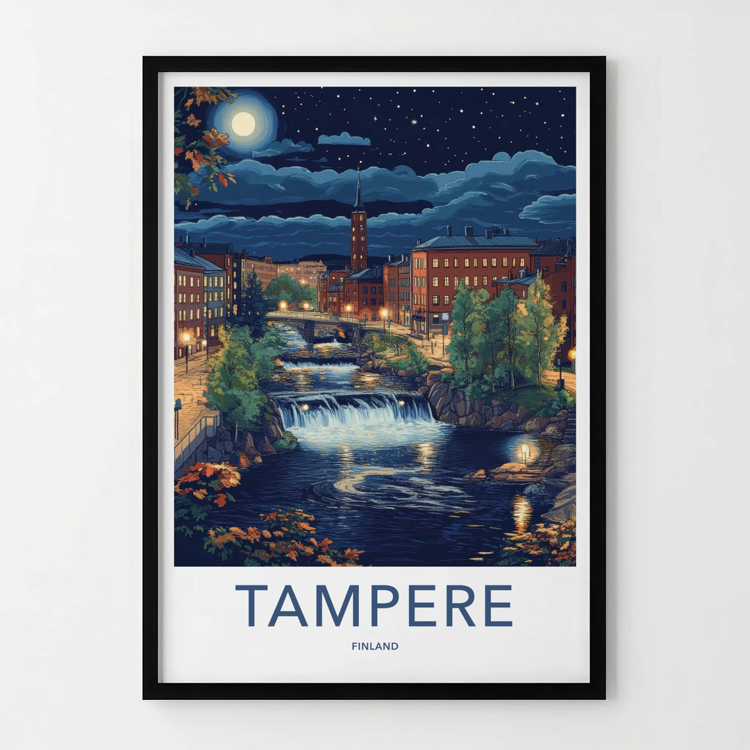 Tampere Poster - Finland Travel Art - Moonlit Cityscape Falls Home Decor
