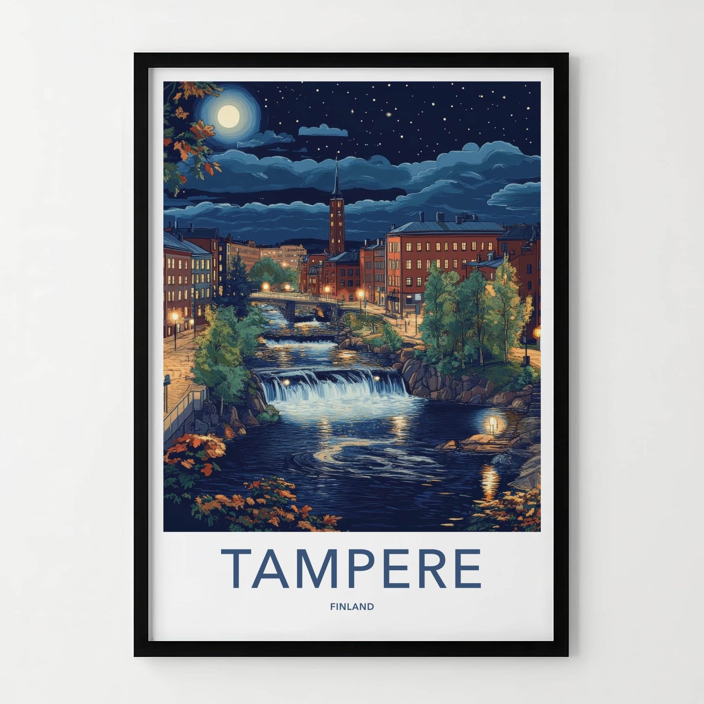 Tampere Poster - Finland Travel Art - Moonlit Cityscape Falls Home Decor
