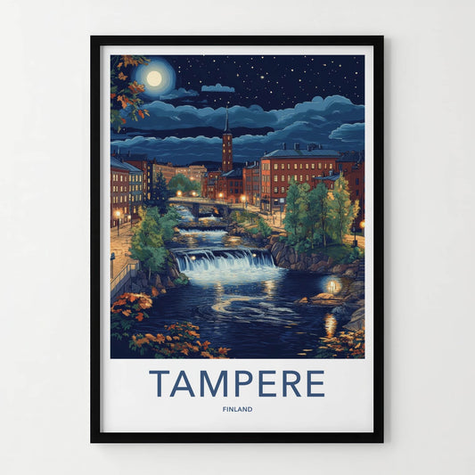 Tampere Poster - Finland Travel Art - Moonlit Cityscape Falls Home Decor