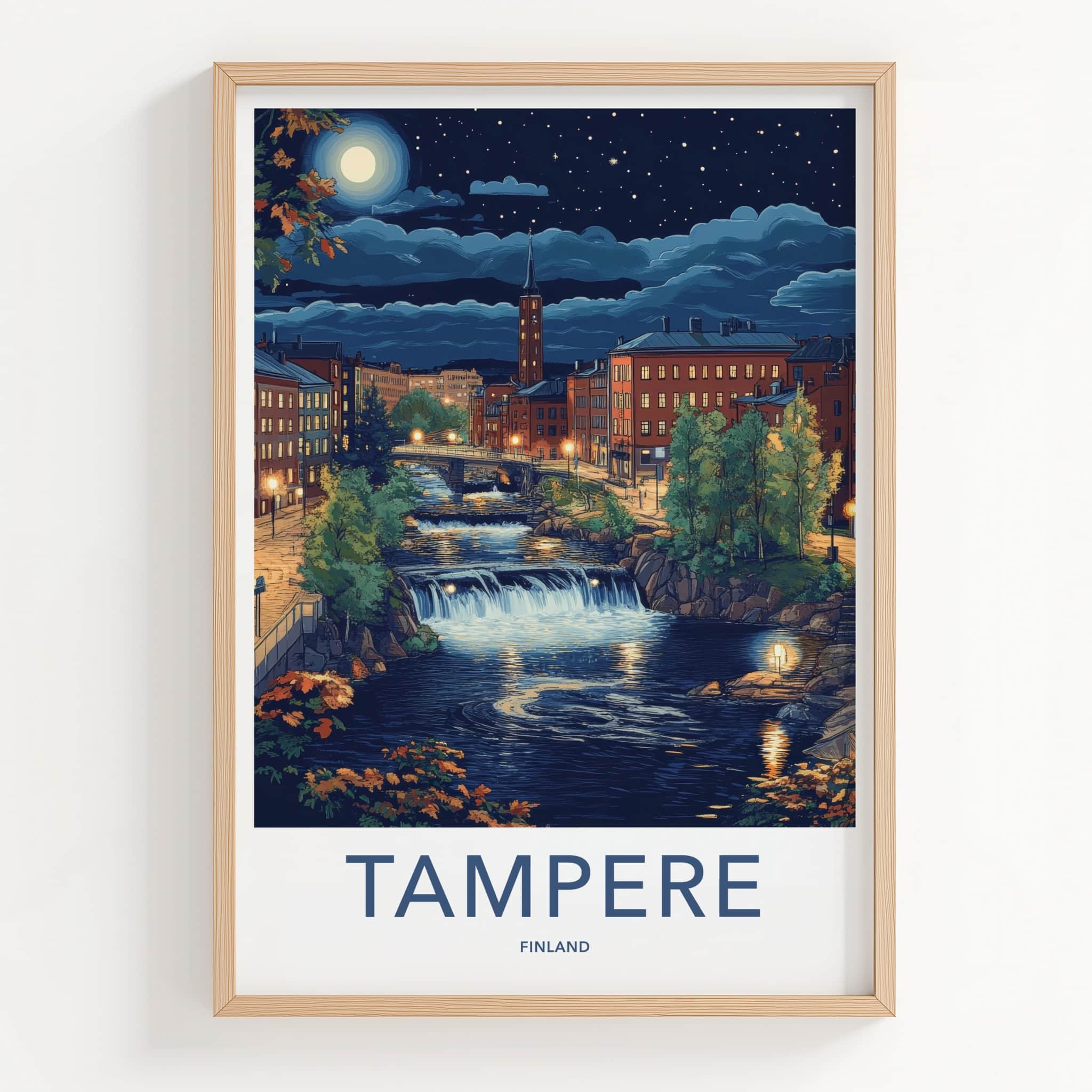 Tampere Poster - Finland Travel Art - Moonlit Cityscape Falls Home Decor