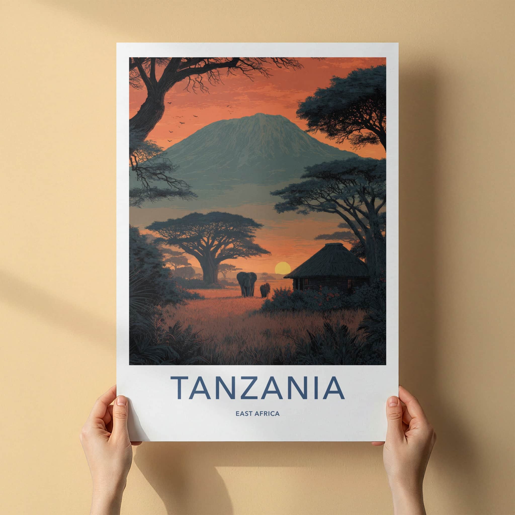 Tanzania Poster - Africa Travel Art - Kilimanjaro Sunset Elephants Home Decor