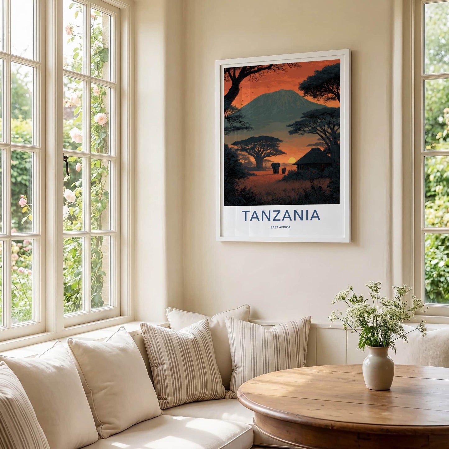 Tanzania Poster - Africa Travel Art - Kilimanjaro Sunset Elephants Home Decor