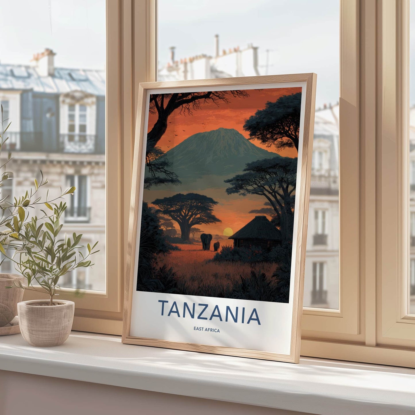 Tanzania Poster - Africa Travel Art - Kilimanjaro Sunset Elephants Home Decor