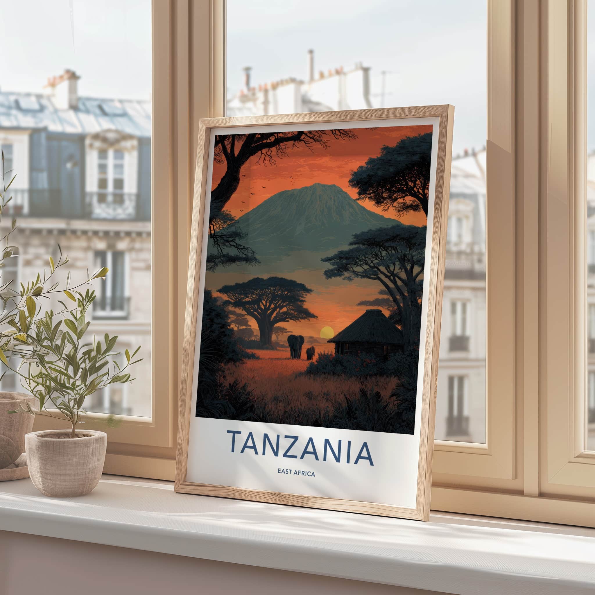 Tanzania Poster - Africa Travel Art - Kilimanjaro Sunset Elephants Home Decor