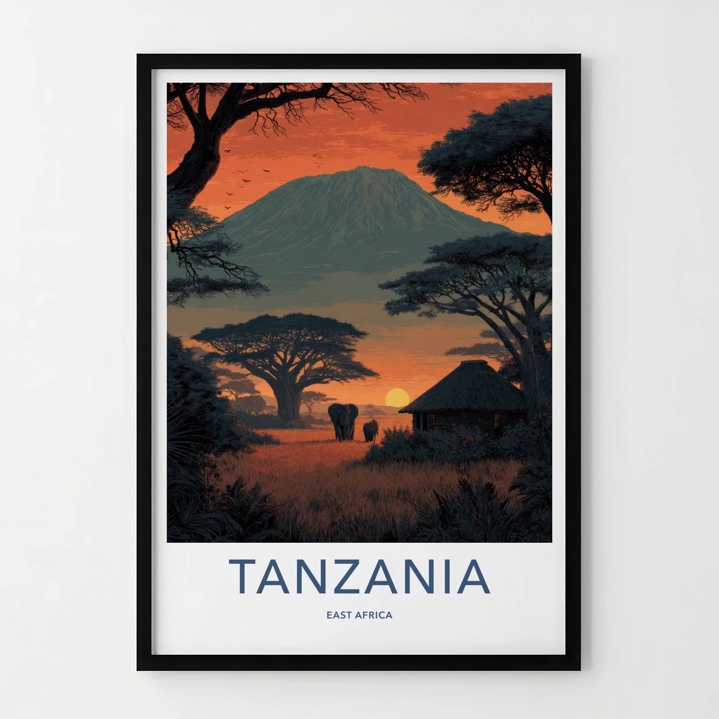 Tanzania Poster - Africa Travel Art - Kilimanjaro Sunset Elephants Home Decor
