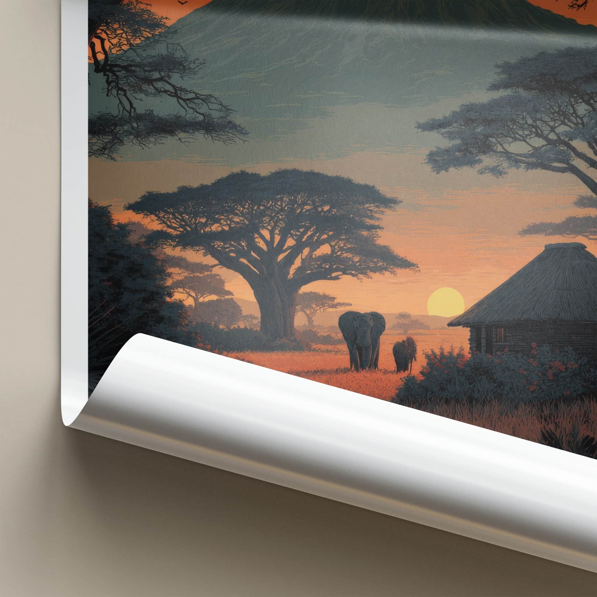 Tanzania Poster - Africa Travel Art - Kilimanjaro Sunset Elephants Home Decor