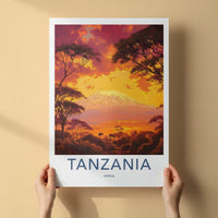 Tanzania Poster - Tanzania Travel Art - Fiery Sunset Elephants Home Decor