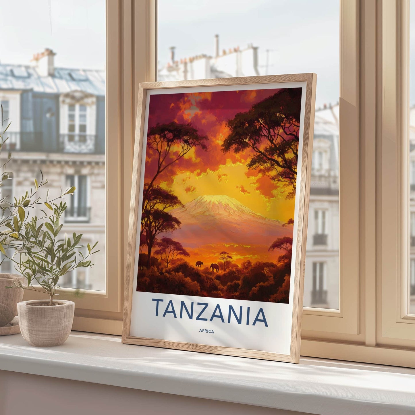 Tanzania Poster - Tanzania Travel Art - Fiery Sunset Elephants Home Decor