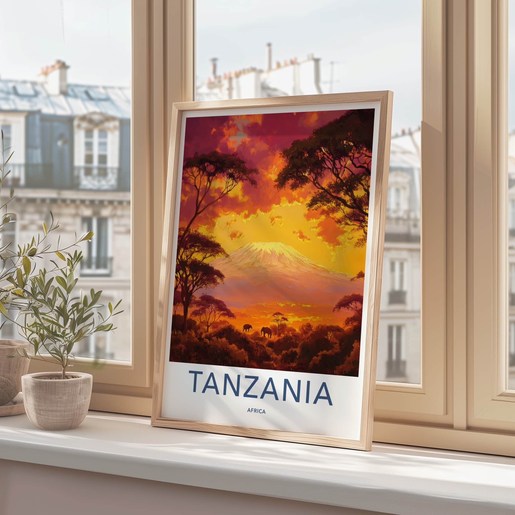 Tanzania Poster - Tanzania Travel Art - Fiery Sunset Elephants Home Decor