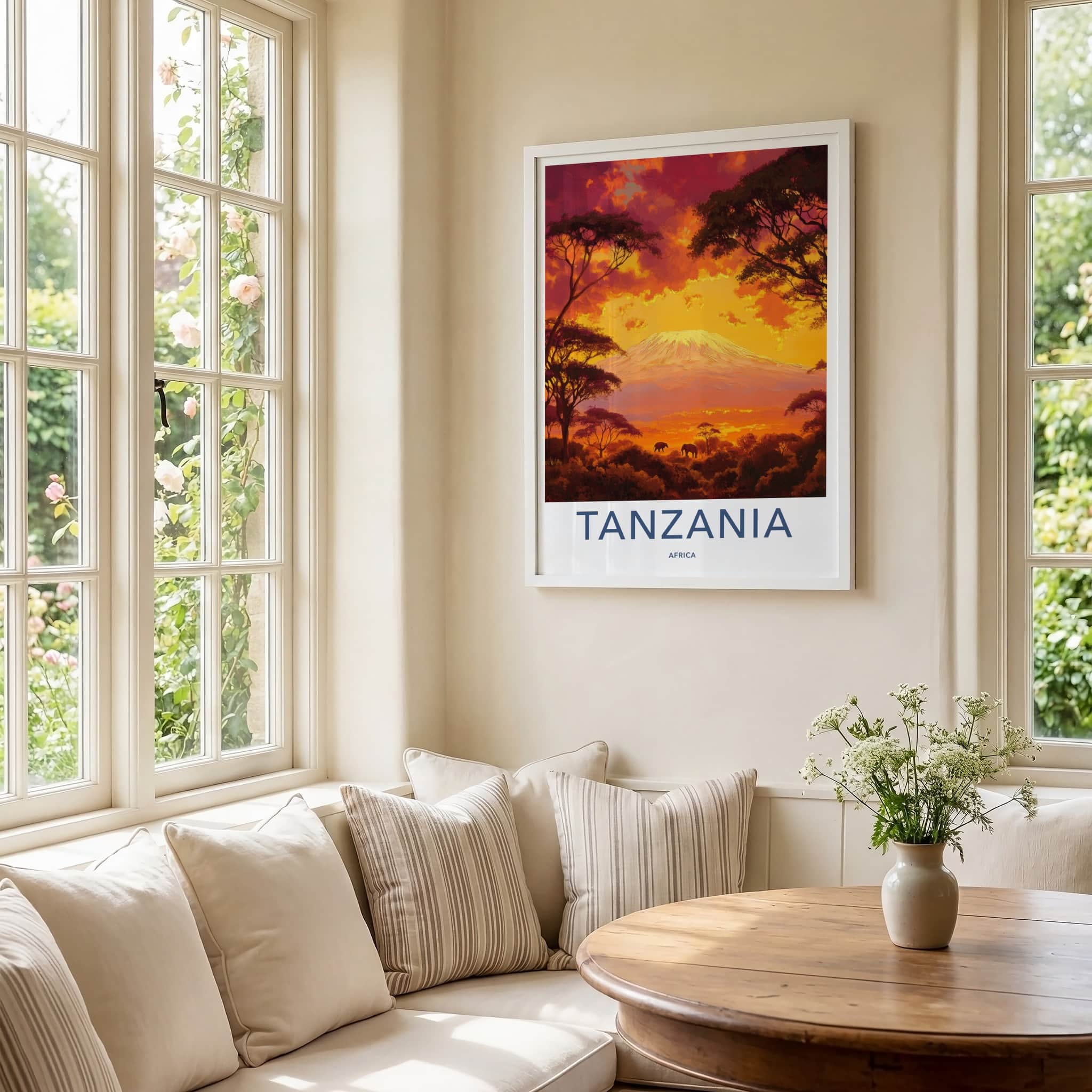 Tanzania Poster - Tanzania Travel Art - Fiery Sunset Elephants Home Decor