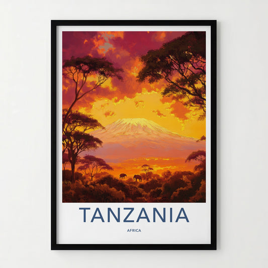 Tanzania Poster - Tanzania Travel Art - Fiery Sunset Elephants Home Decor