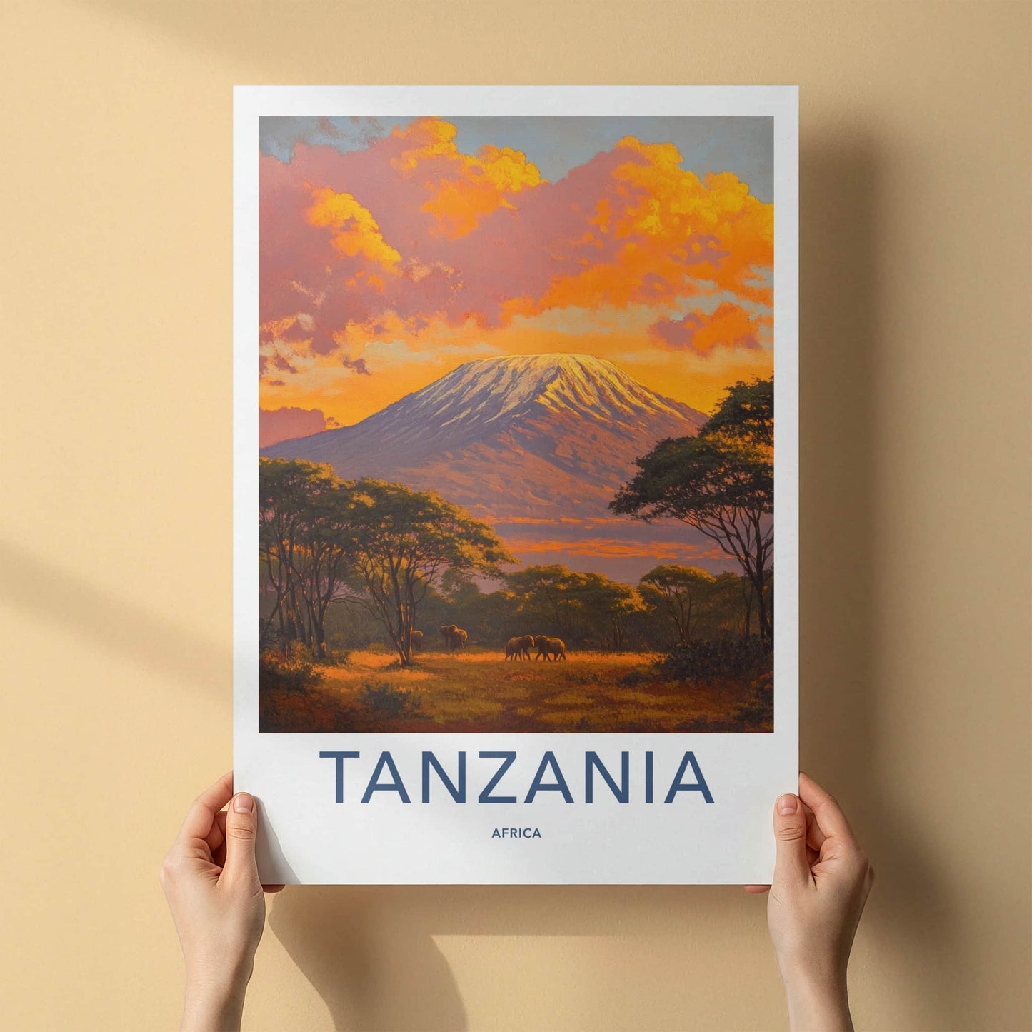 Tanzania Poster - Tanzania Travel Art - Golden Kilimanjaro Elephants Wall Decor