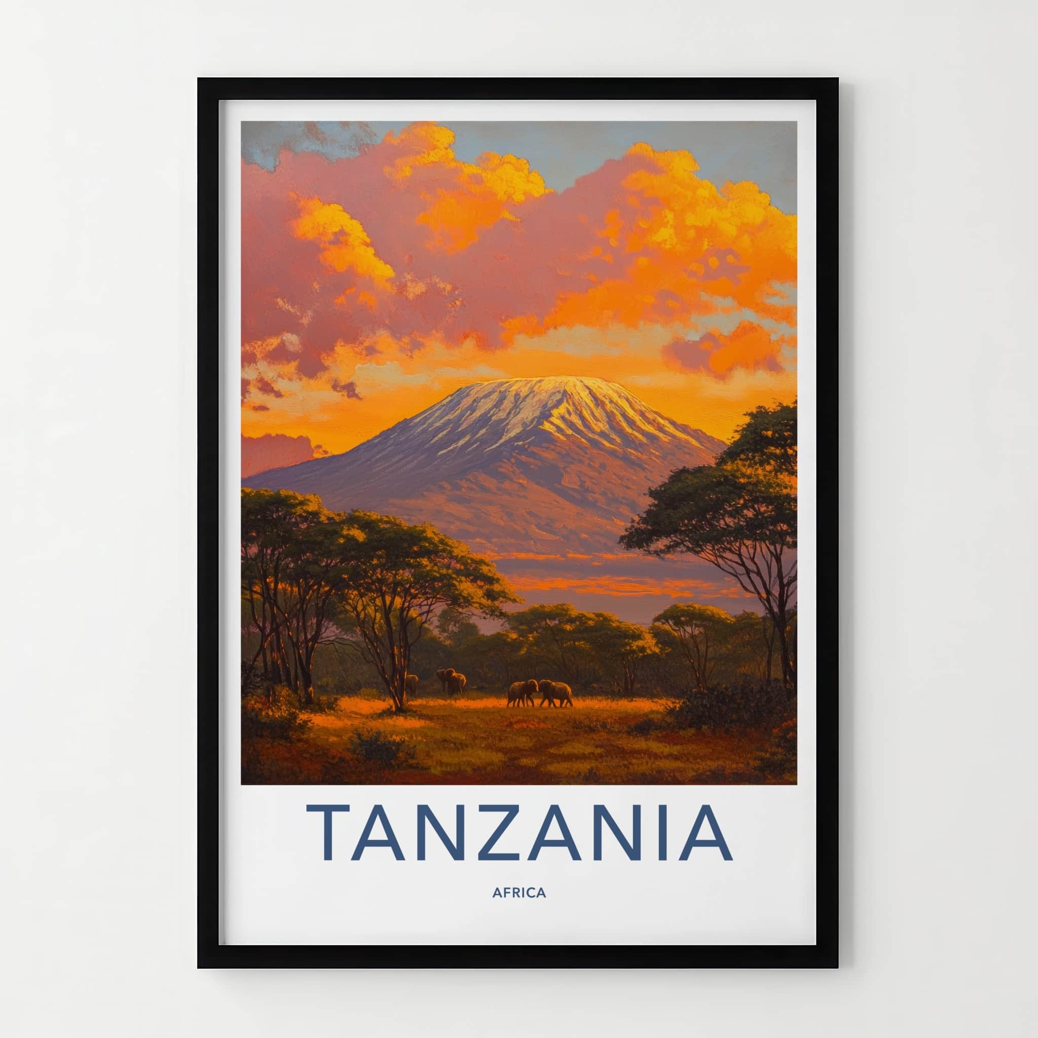 Tanzania Poster - Tanzania Travel Art - Golden Kilimanjaro Elephants Wall Decor