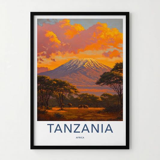 Tanzania Poster - Tanzania Travel Art - Golden Kilimanjaro Elephants Wall Decor