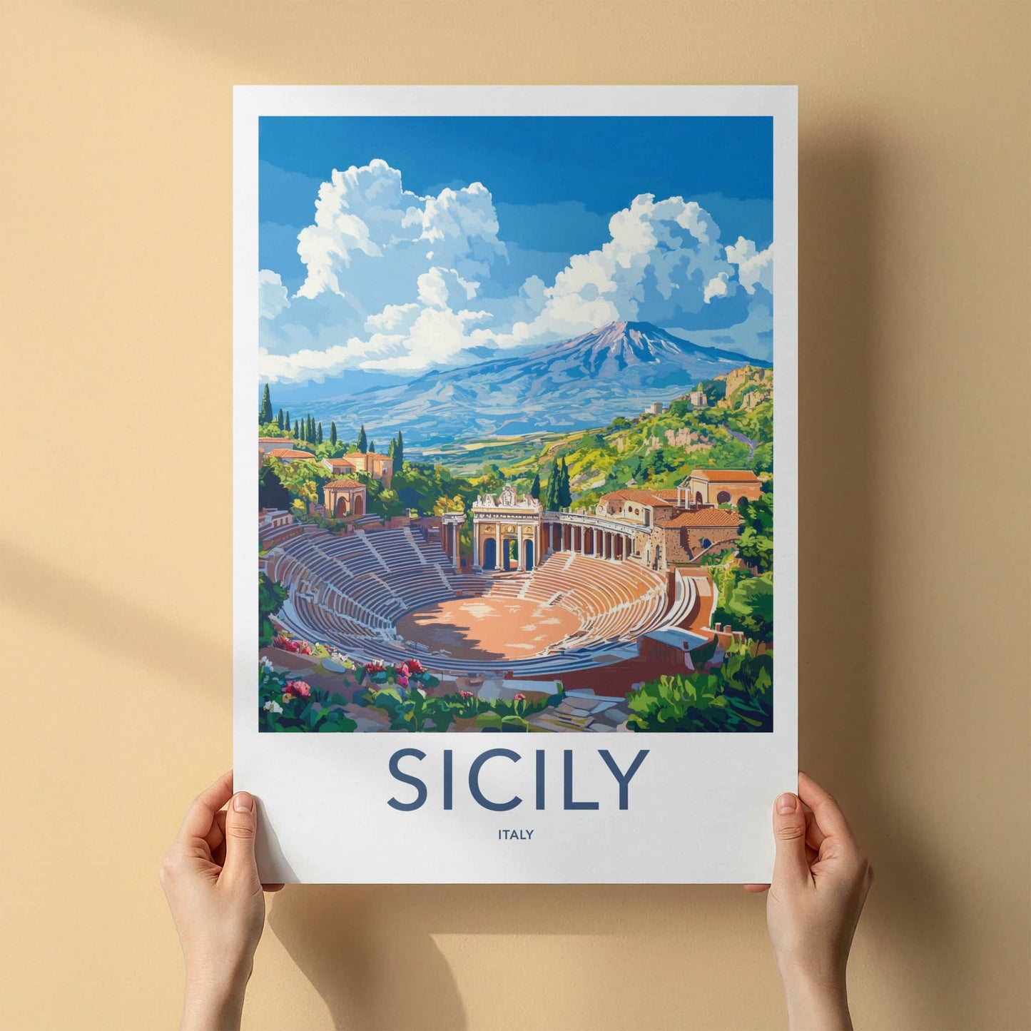 Taormina Poster - Italy Travel Art - Ancient Theater Etna Home Decor