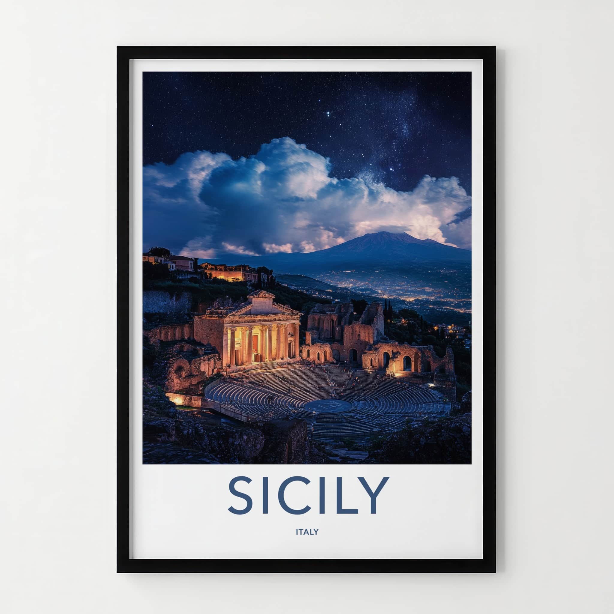Taormina Poster - Italy Travel Art - Illuminated Ruins Volcano Home Decor