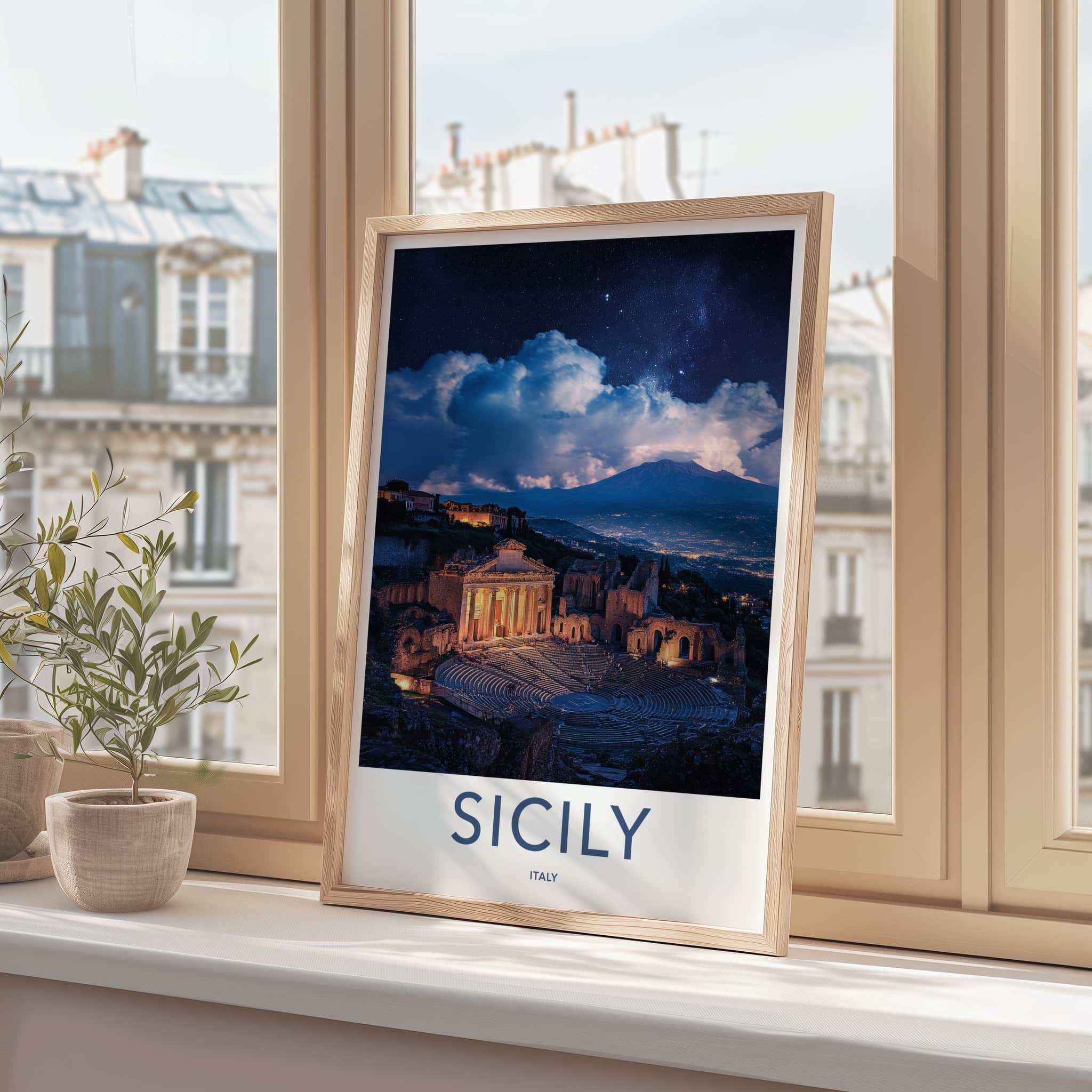 Taormina Poster - Italy Travel Art - Illuminated Ruins Volcano Home Decor