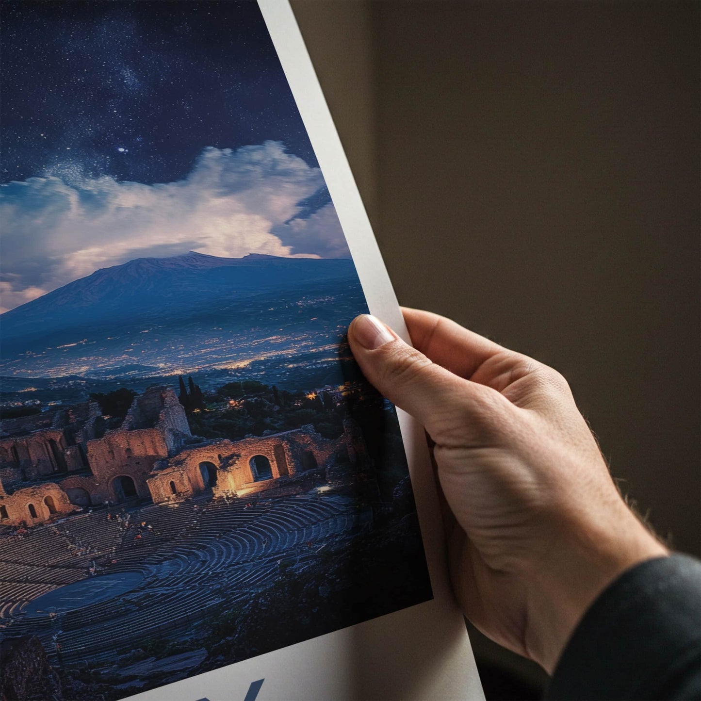 Taormina Poster - Italy Travel Art - Illuminated Ruins Volcano Home Decor