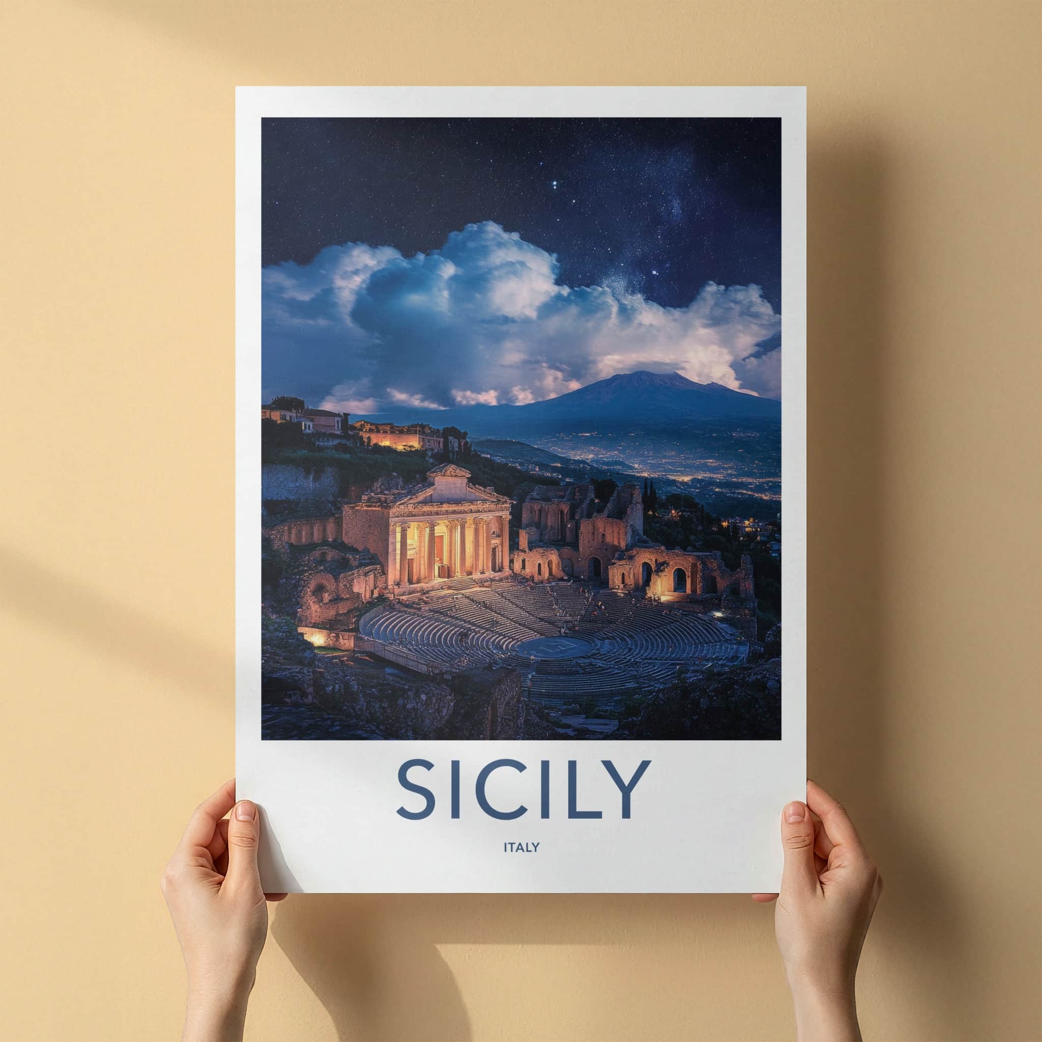 Taormina Poster - Italy Travel Art - Illuminated Ruins Volcano Home Decor