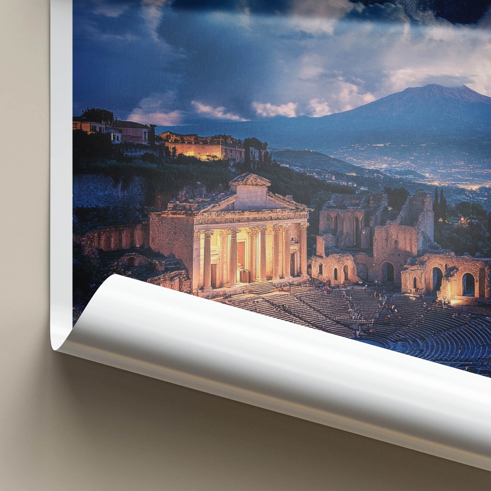 Taormina Poster - Italy Travel Art - Illuminated Ruins Volcano Home Decor