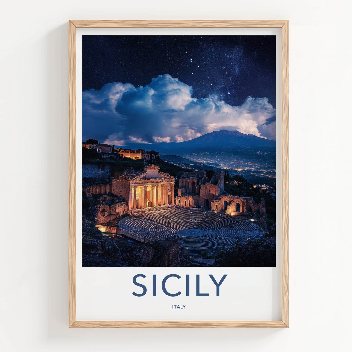 Taormina Poster - Italy Travel Art - Illuminated Ruins Volcano Home Decor