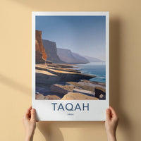 TAQAH Poster - Oman Travel Art - Coastal Cliff Waters Home Decor