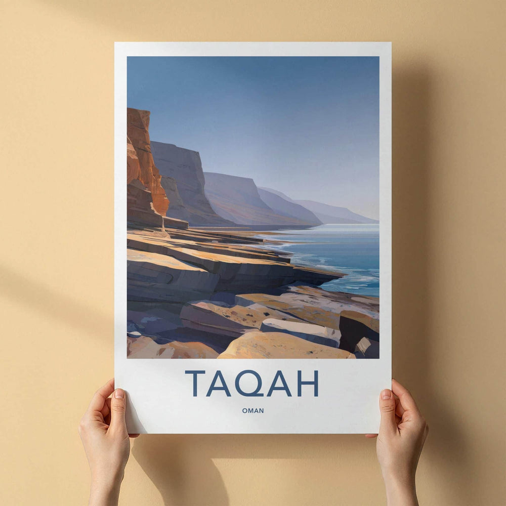 TAQAH Poster - Oman Travel Art - Coastal Cliff Waters Home Decor