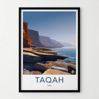 TAQAH Poster - Oman Travel Art - Coastal Cliff Waters Home Decor