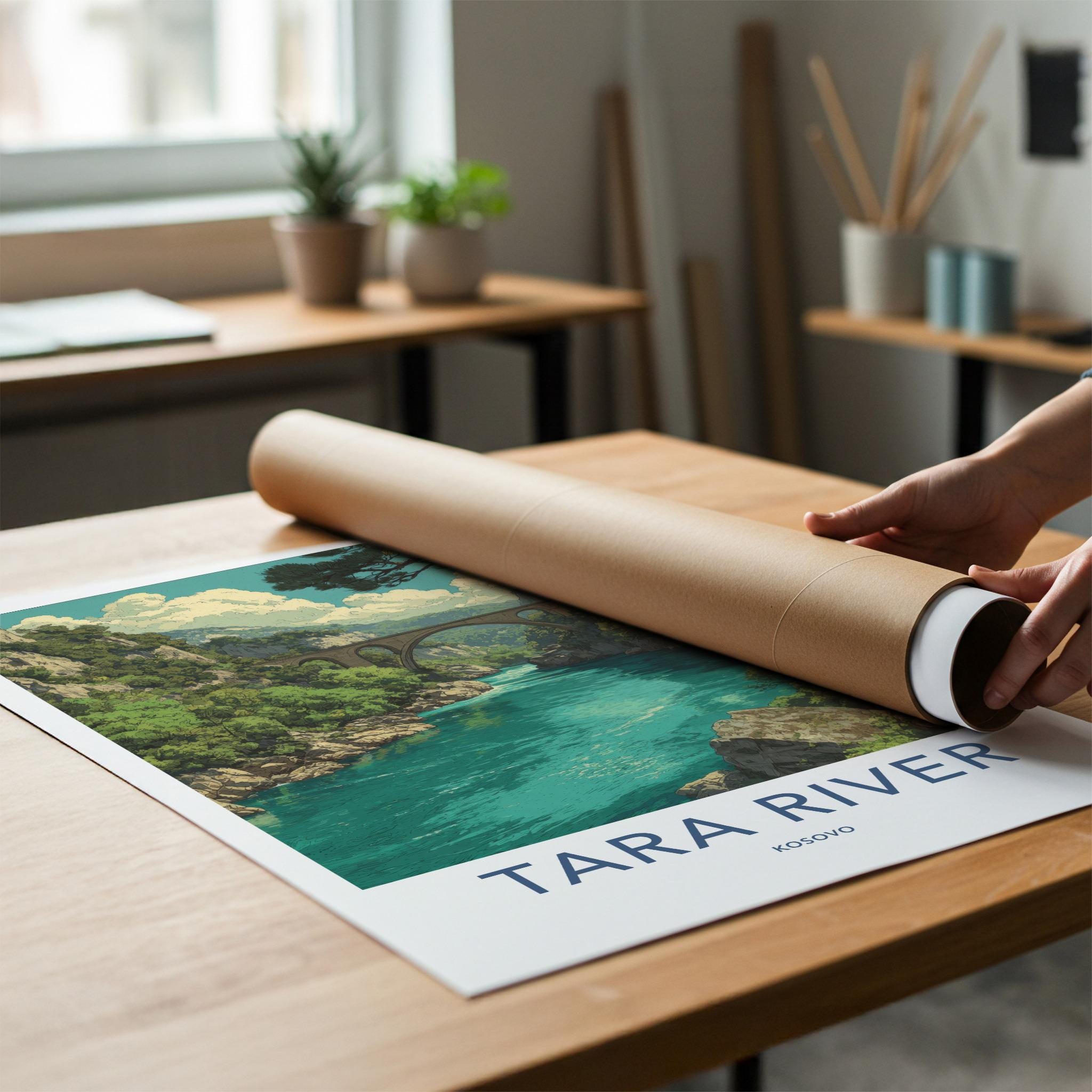 Tara River Poster - Kosovo Travel Art - Arched Bridge Canyon Home Decor