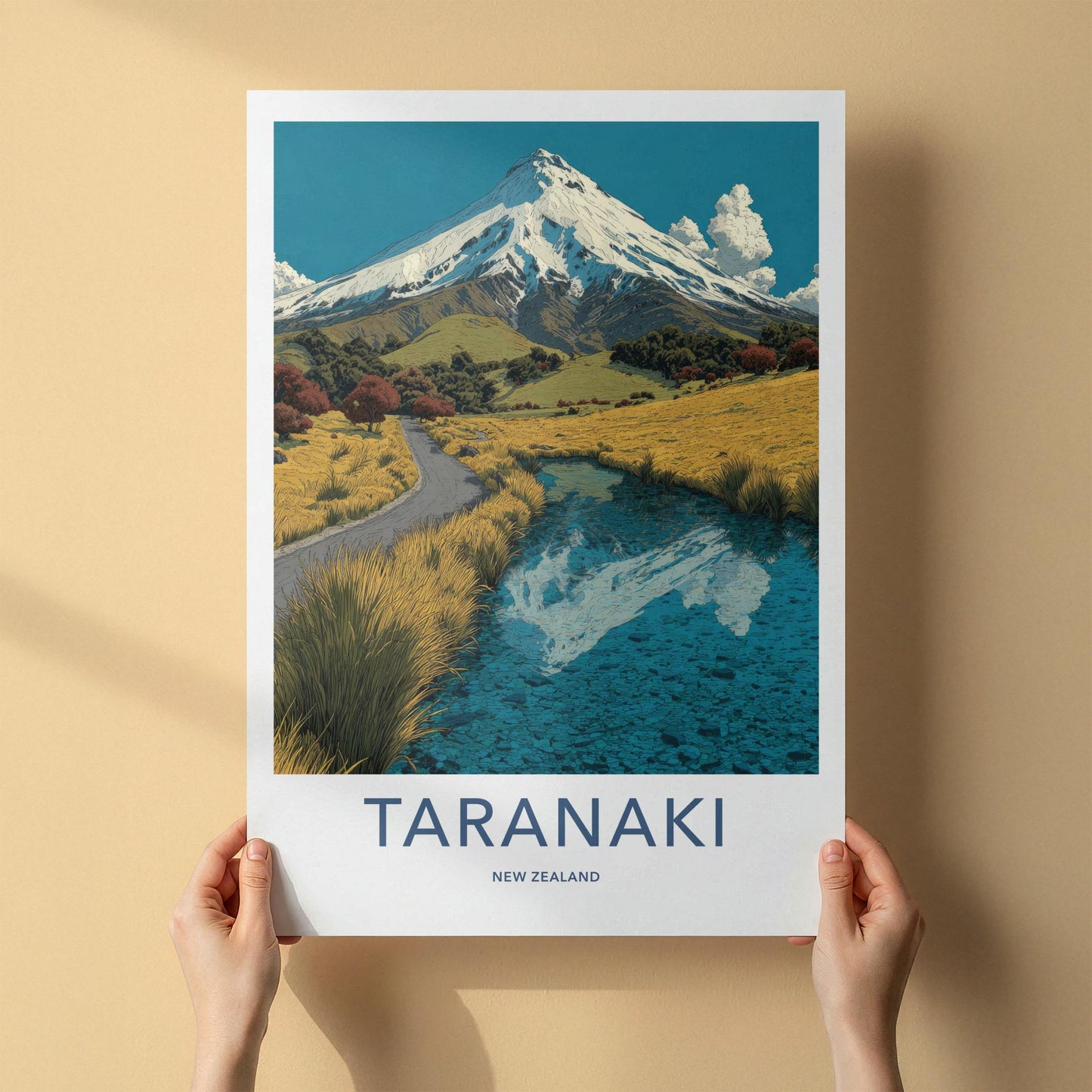 Taranaki Poster - New Zealand Travel Art - Snowy Peak Reflection Wall Decor