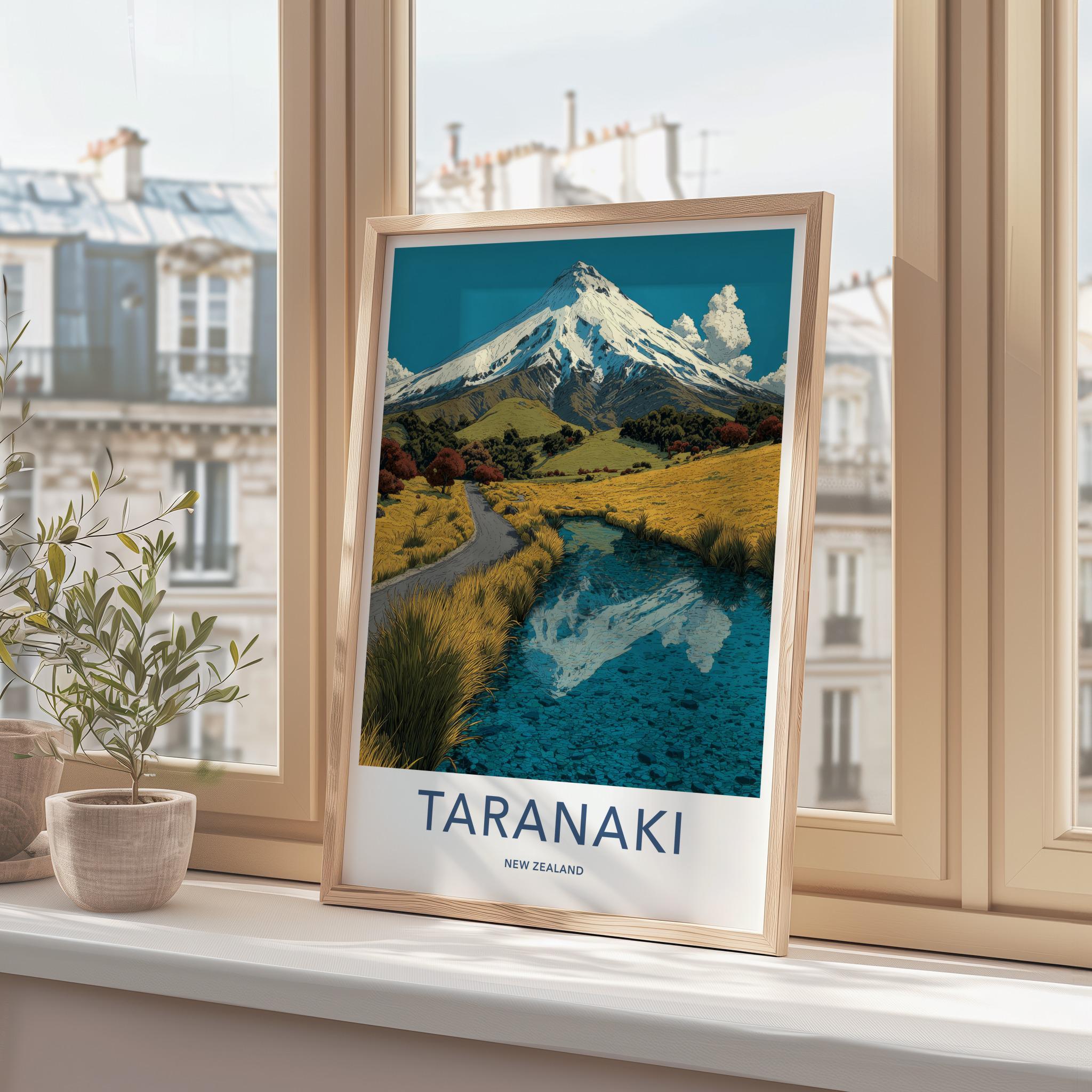 Taranaki Poster - New Zealand Travel Art - Snowy Peak Reflection Wall Decor