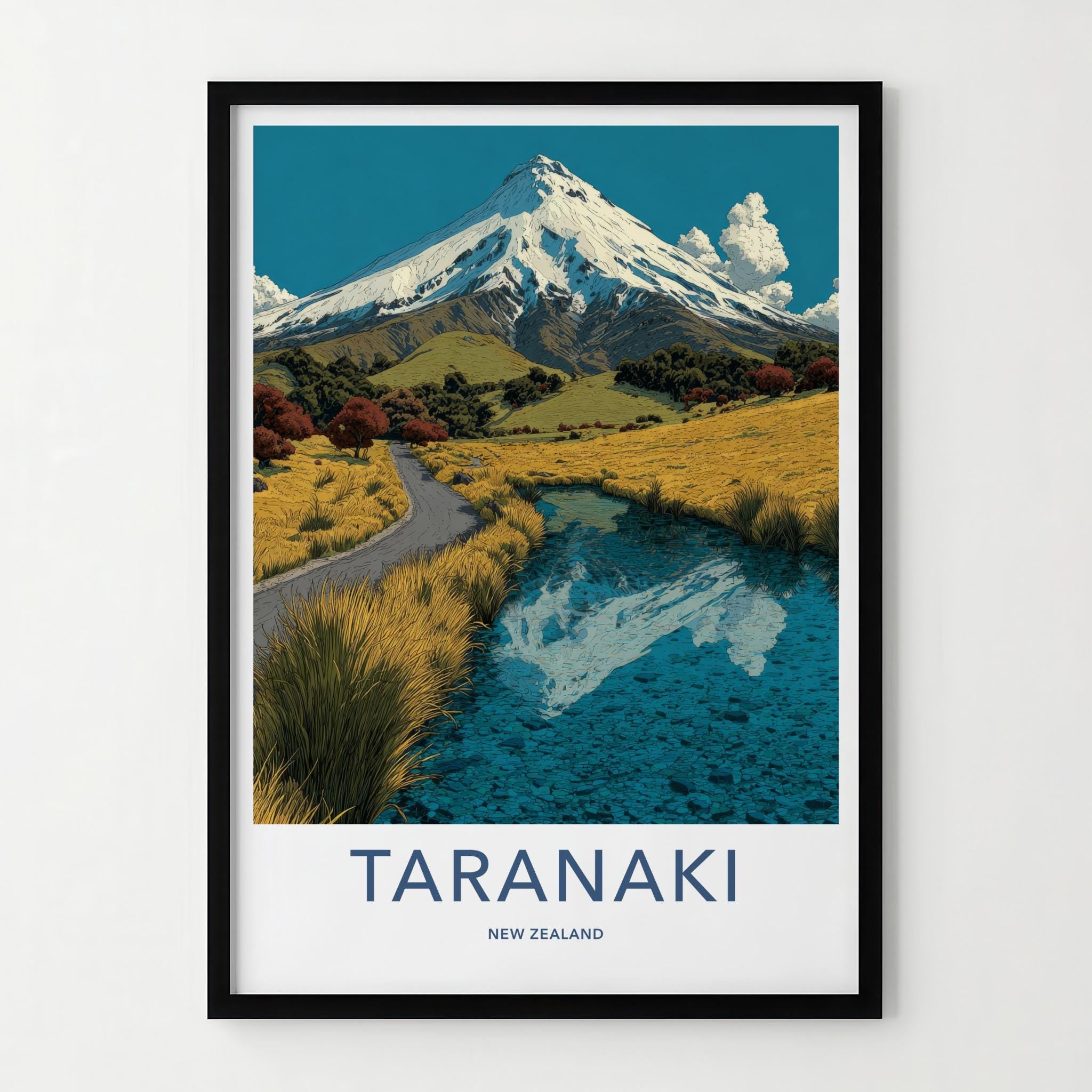 Taranaki Poster - New Zealand Travel Art - Snowy Peak Reflection Wall Decor