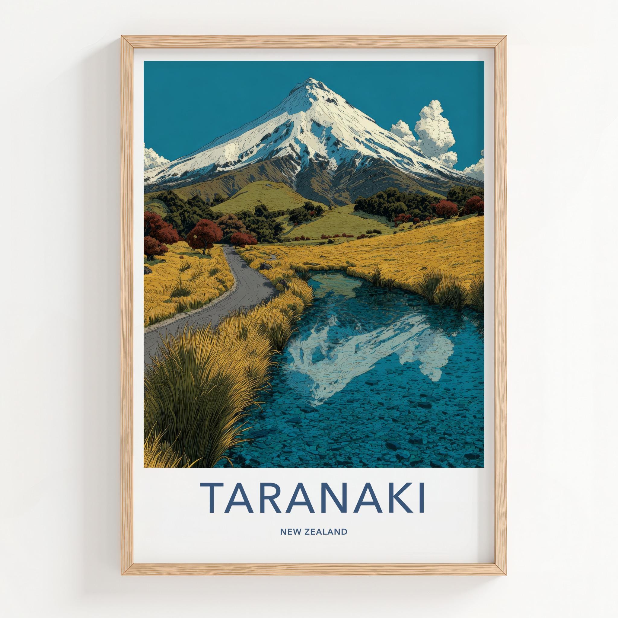Taranaki Poster - New Zealand Travel Art - Snowy Peak Reflection Wall Decor