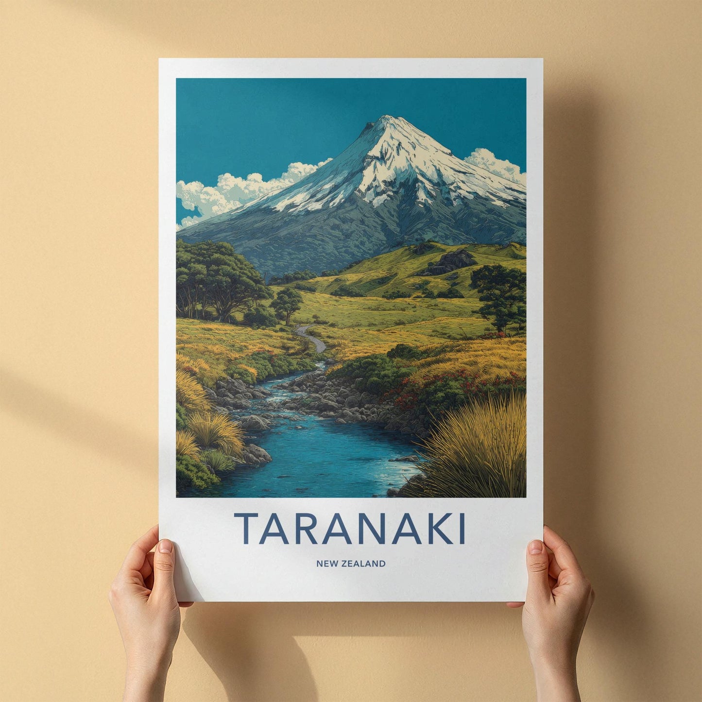 Taranaki Poster - New Zealand Wall Art - Snowy Peak Valley Home Decor