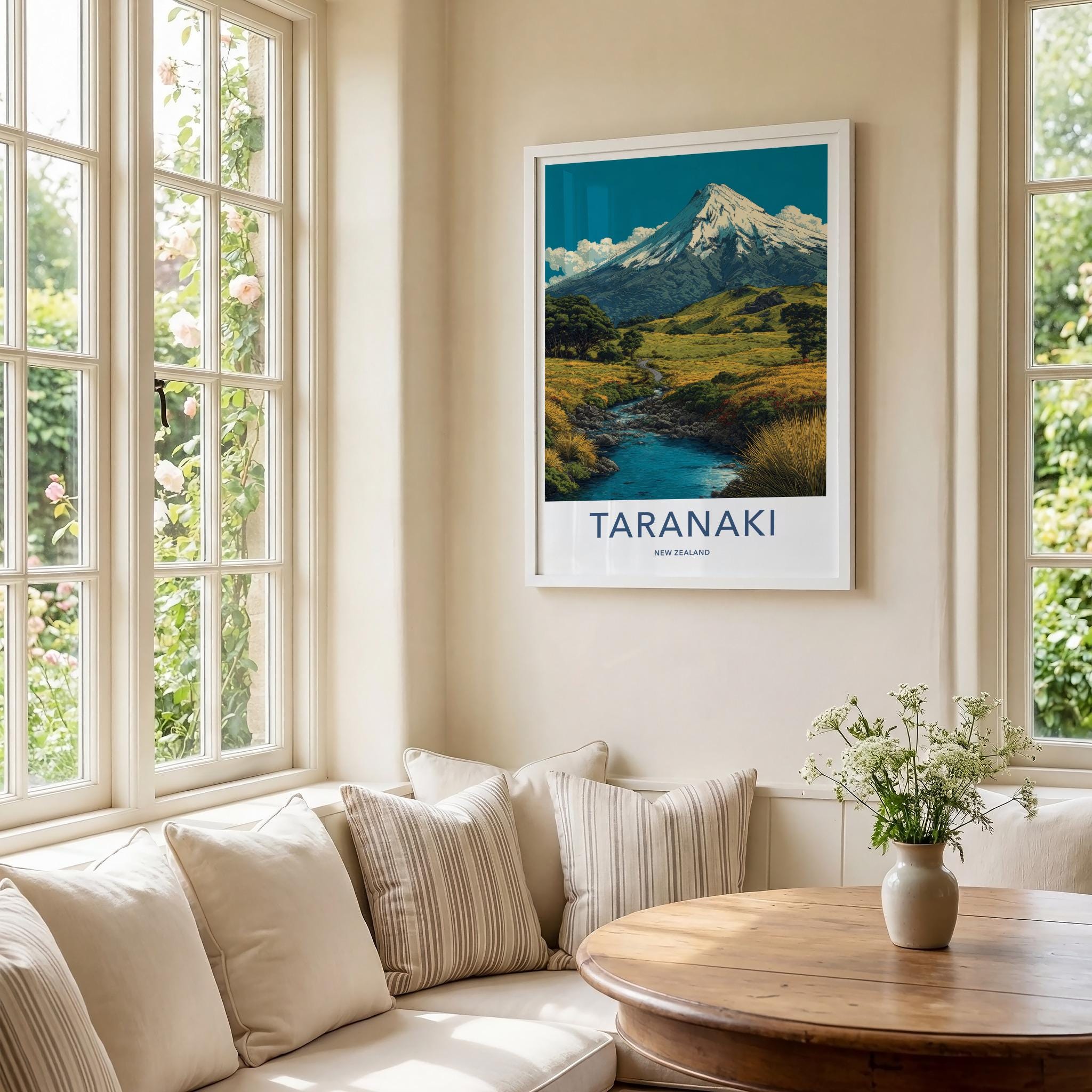 Taranaki Poster - New Zealand Wall Art - Snowy Peak Valley Home Decor