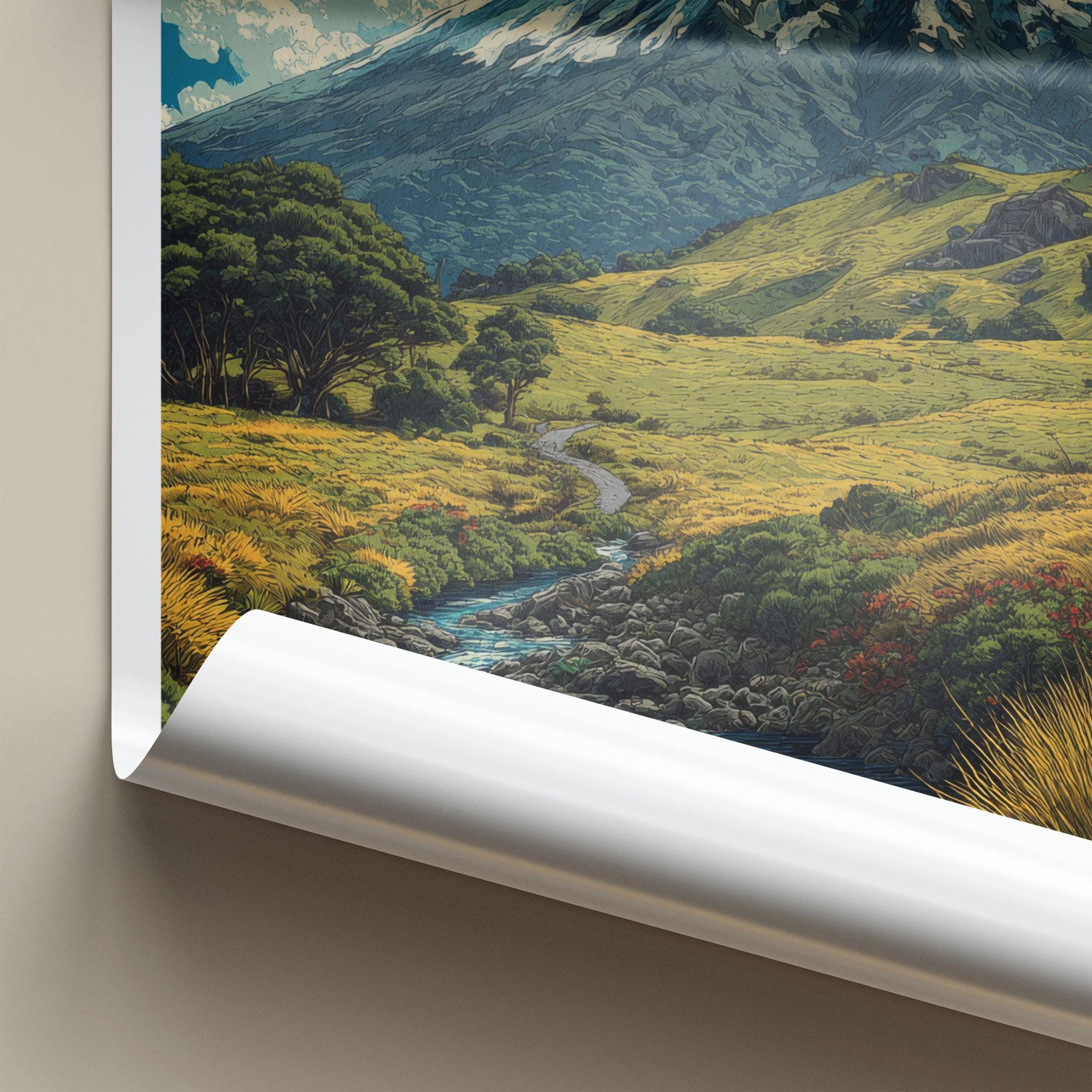 Taranaki Poster - New Zealand Wall Art - Snowy Peak Valley Home Decor