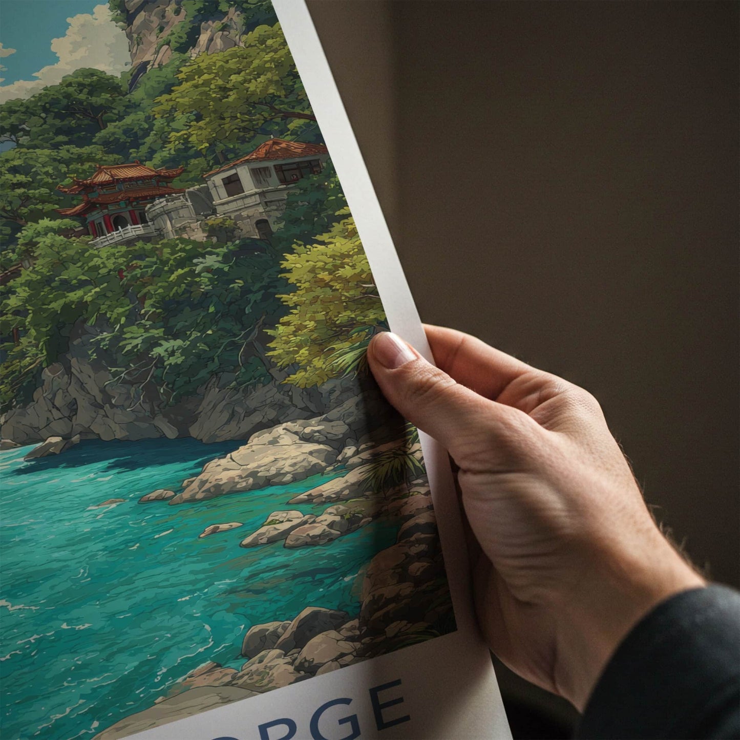 Taroko Gorge Poster - Taiwan Art Print - Mountain River Temple Home Decor