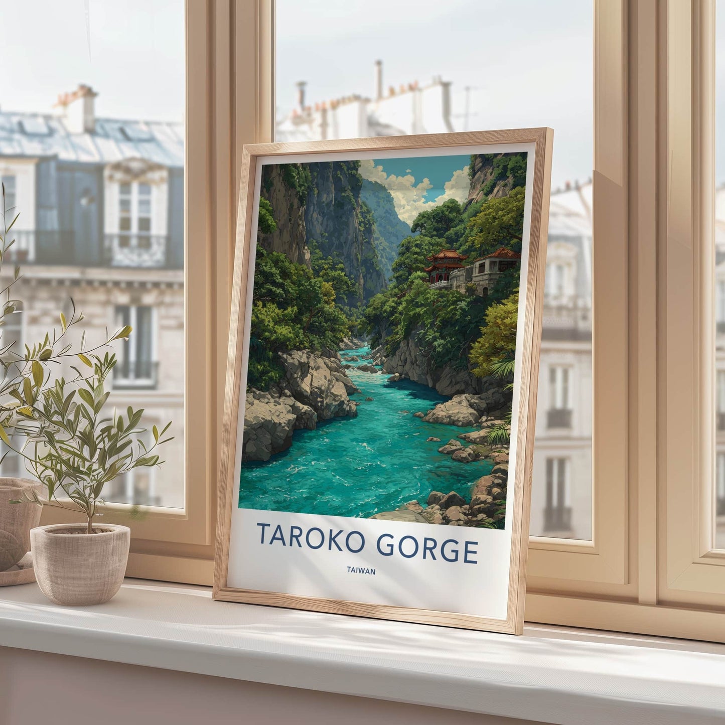 Taroko Gorge Poster - Taiwan Art Print - Mountain River Temple Home Decor